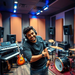 An Indian music composer striking a cool pose in a modern recording studio filled with musical instruments and equipment