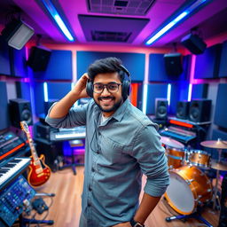 An Indian music composer striking a cool pose in a modern recording studio filled with musical instruments and equipment