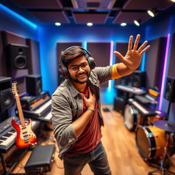 An Indian music composer striking a cool pose in a modern recording studio filled with musical instruments and equipment