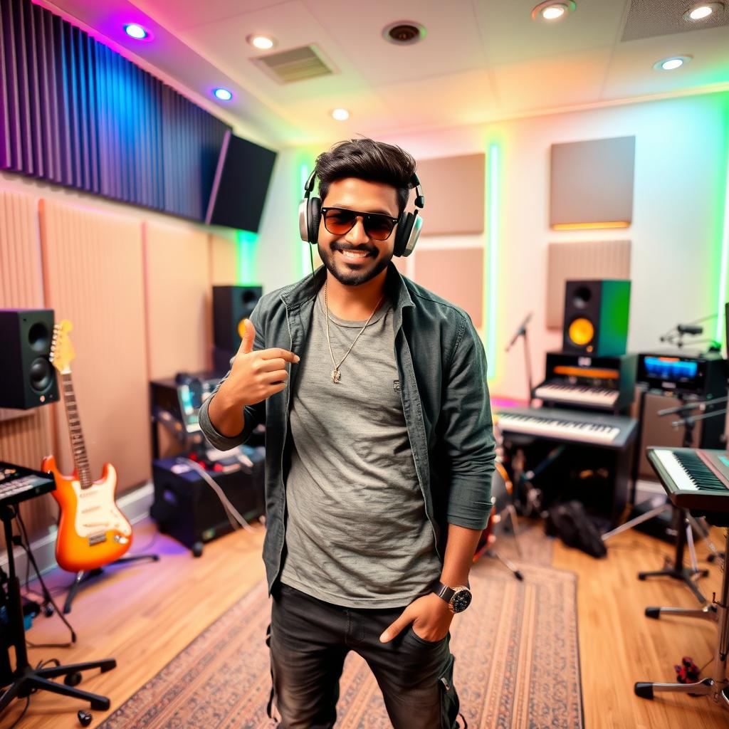 An Indian music composer striking a cool pose in a modern recording studio filled with musical instruments and equipment