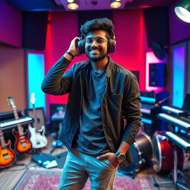 An Indian music composer posing confidently in a modern recording studio, showcasing a perfect blend of creativity and style