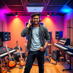 An Indian music composer posing confidently in a modern recording studio, showcasing a perfect blend of creativity and style