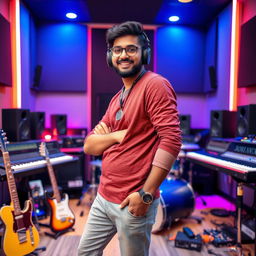 An Indian music composer posing confidently in a modern recording studio, showcasing a perfect blend of creativity and style