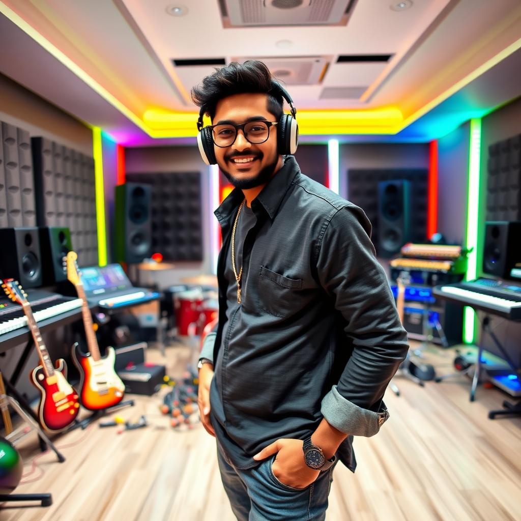 An Indian music composer posing confidently in a modern recording studio, showcasing a perfect blend of creativity and style