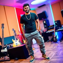 An Indian music composer posing coolly in a vibrant recording studio, wearing sporty cargo pants and stylish shoes that complement his trendy outfit