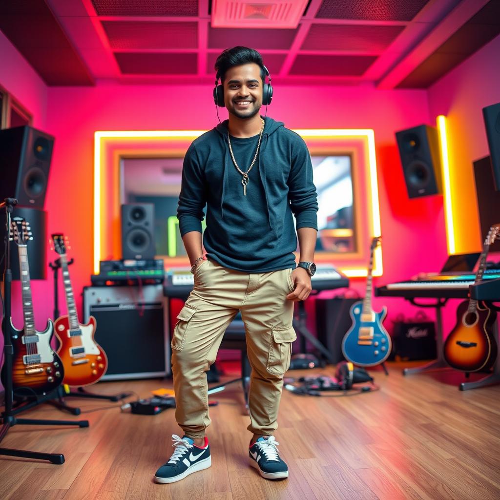 An Indian music composer posing coolly in a vibrant recording studio, wearing sporty cargo pants and stylish shoes that complement his trendy outfit