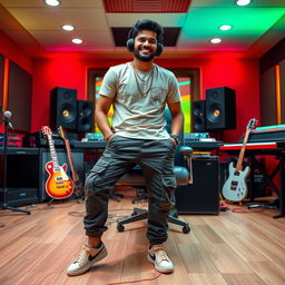 An Indian music composer posing coolly in a vibrant recording studio, wearing sporty cargo pants and stylish shoes that complement his trendy outfit