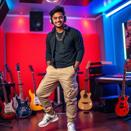 An Indian music composer posing coolly in a vibrant recording studio, wearing sporty cargo pants and stylish shoes that complement his trendy outfit