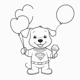 A joyful, two-dimensional black and white outline of a puppy dressed as Superman and a child, contentedly eating an ice-cream and holding a balloon for a colouring page.