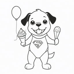 A joyful, two-dimensional black and white outline of a puppy dressed as Superman and a child, contentedly eating an ice-cream and holding a balloon for a colouring page.