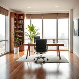 An elegant and modern professional office design, featuring a sleek wooden desk with a stylish ergonomic chair