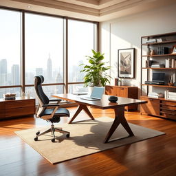 An elegant and modern professional office design, featuring a sleek wooden desk with a stylish ergonomic chair