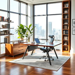 An elegant and modern professional office design, featuring a sleek wooden desk with a stylish ergonomic chair