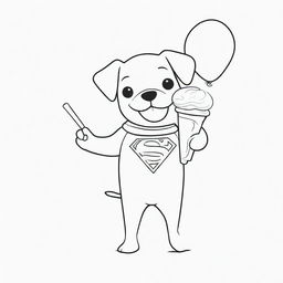 A joyful, two-dimensional black and white outline of a puppy dressed as Superman and a child, contentedly eating an ice-cream and holding a balloon for a colouring page.