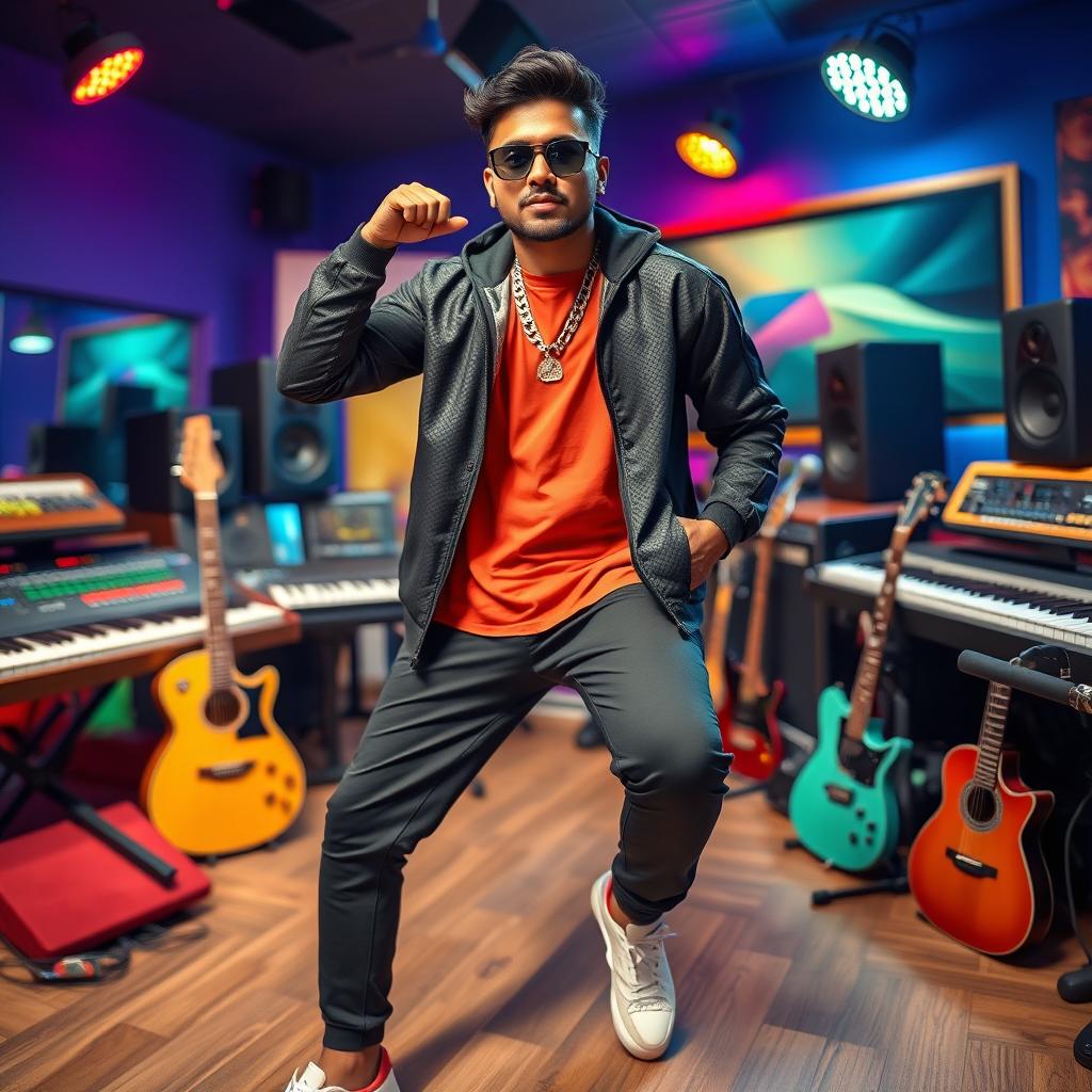 An Indian music composer striking a cool pose in a vibrant music studio, surrounded by musical instruments like keyboards and guitars