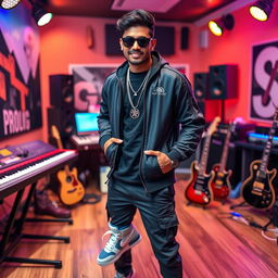 An Indian music composer striking a cool pose in a vibrant music studio, surrounded by musical instruments like keyboards and guitars