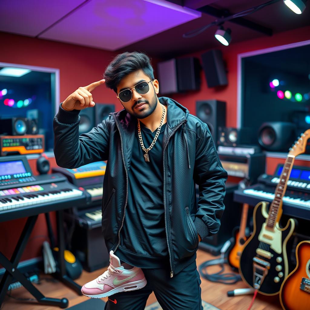 An Indian music composer striking a cool pose in a vibrant music studio, surrounded by musical instruments like keyboards and guitars