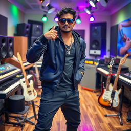 An Indian music composer striking a cool pose in a vibrant music studio, surrounded by musical instruments like keyboards and guitars