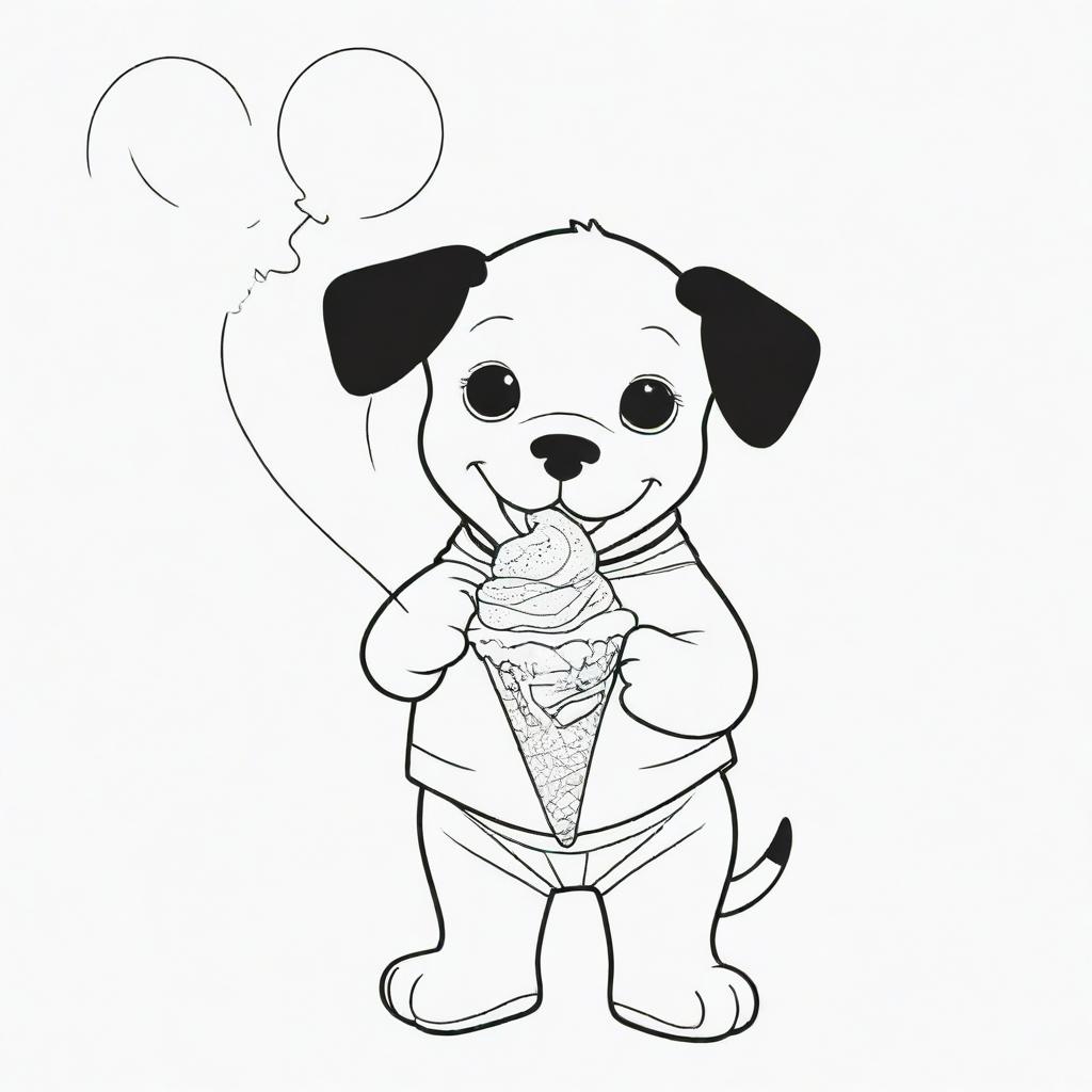 A joyful, two-dimensional black and white outline of a puppy dressed as Superman and a child, contentedly eating an ice-cream and holding a balloon for a colouring page.