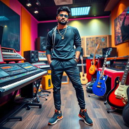 An Indian music composer striking a cool pose in a modern music studio, surrounded by instruments like keyboards and guitars