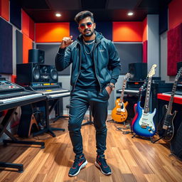 An Indian music composer striking a cool pose in a modern music studio, surrounded by instruments like keyboards and guitars