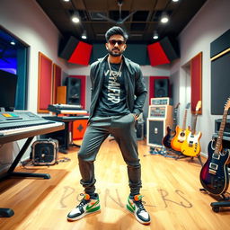 An Indian music composer striking a cool pose in a modern music studio, surrounded by instruments like keyboards and guitars