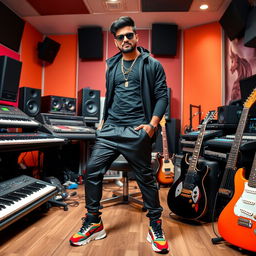 An Indian music composer striking a cool pose in a modern music studio, surrounded by instruments like keyboards and guitars