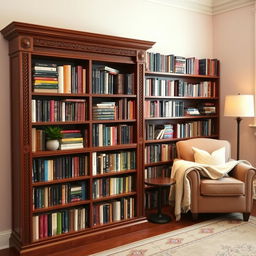 A beautifully arranged bookshelf filled with various books of different sizes and colors, some stacked horizontally and others vertically