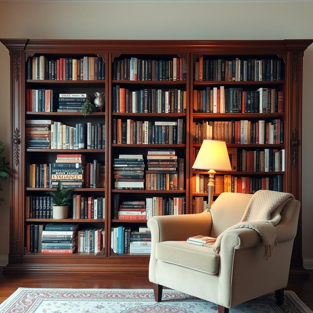 A beautifully arranged bookshelf filled with various books of different sizes and colors, some stacked horizontally and others vertically