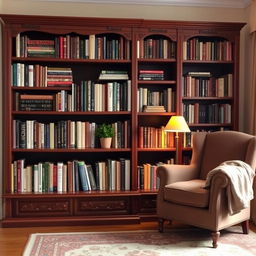 A beautifully arranged bookshelf filled with various books of different sizes and colors, some stacked horizontally and others vertically