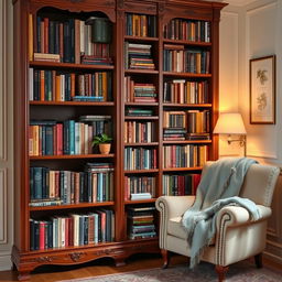 A beautifully arranged bookshelf filled with various books of different sizes and colors, some stacked horizontally and others vertically