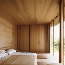 A serene, all-wood bedroom with minimalist design elements creating a relaxing eye-soothing ambiance.