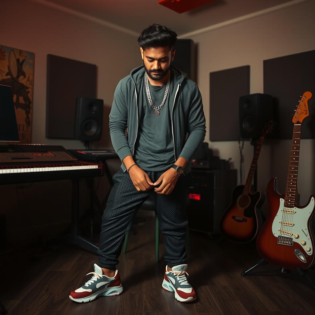 An Indian music composer in a melancholic pose within a moody music studio, surrounded by musical instruments like keyboards and guitars