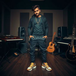 An Indian music composer in a melancholic pose within a moody music studio, surrounded by musical instruments like keyboards and guitars