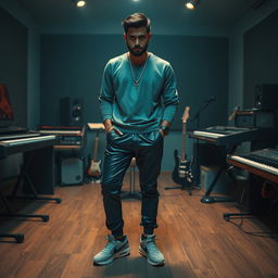 An Indian music composer in a melancholic pose within a moody music studio, surrounded by musical instruments like keyboards and guitars