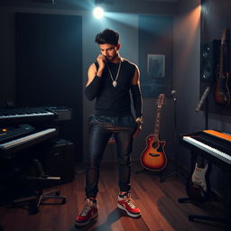 An Indian music composer in a reflective, sad pose within a dimly lit music studio, surrounded by musical instruments like keyboards and guitars