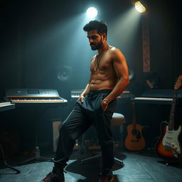 An Indian music composer in a reflective, sad pose within a dimly lit music studio, surrounded by musical instruments like keyboards and guitars