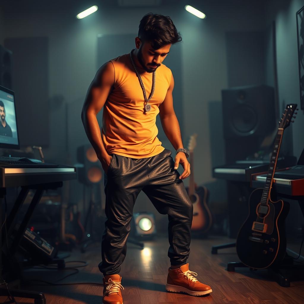 An Indian music composer in a reflective, sad pose within a dimly lit music studio, surrounded by musical instruments like keyboards and guitars