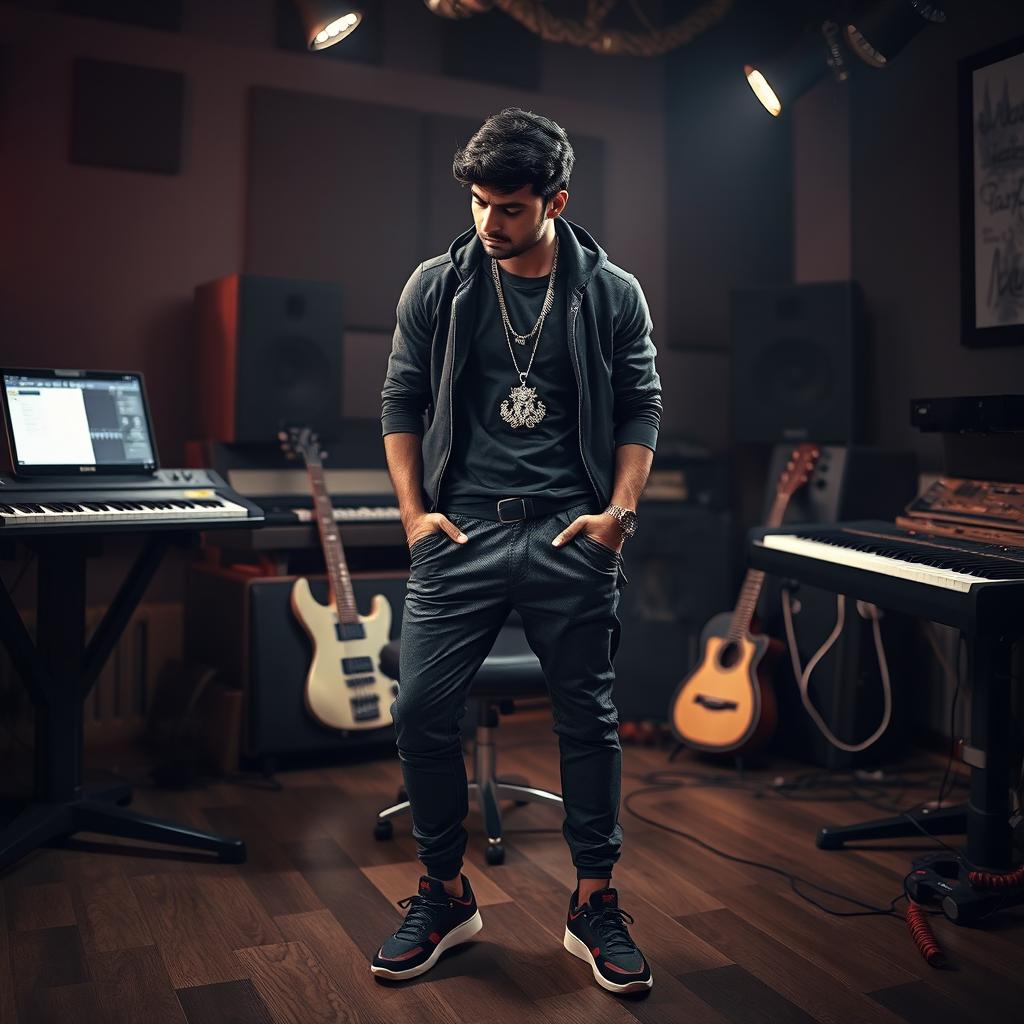 An Indian music composer in a reflective, sad pose within a dimly lit music studio, surrounded by musical instruments like keyboards and guitars