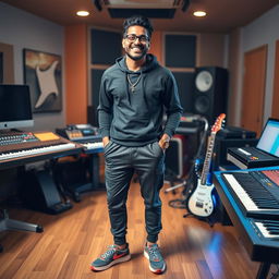 An Indian music composer smiling brightly in a lively music studio, surrounded by various instruments like keyboards, guitars, and mixing equipment