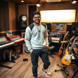 An Indian music composer smiling brightly in a lively music studio, surrounded by various instruments like keyboards, guitars, and mixing equipment