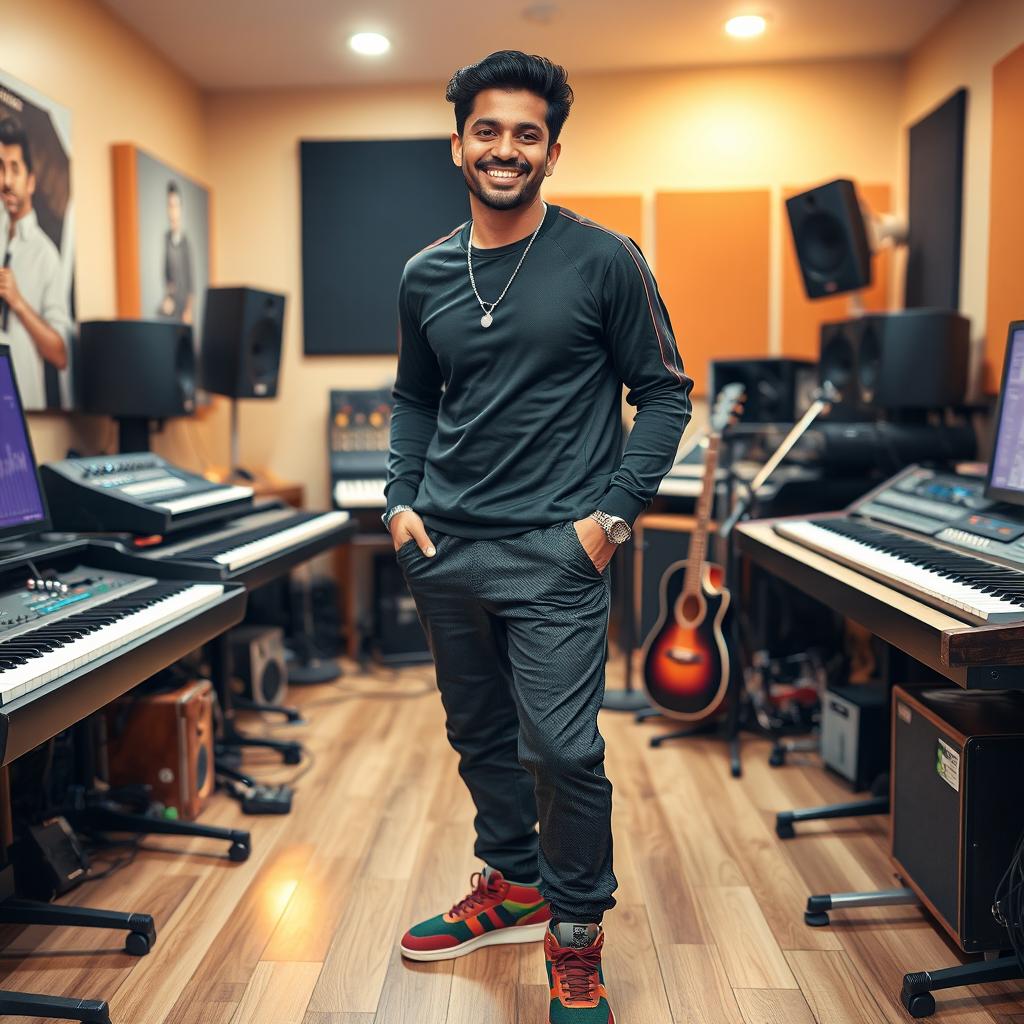 An Indian music composer smiling brightly in a lively music studio, surrounded by various instruments like keyboards, guitars, and mixing equipment