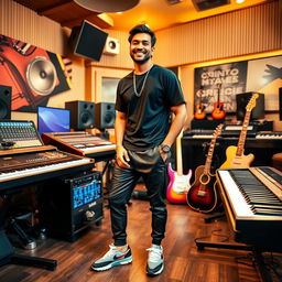 An Indian music composer smiling brightly in a lively music studio, surrounded by various instruments like keyboards, guitars, and mixing equipment