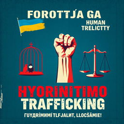 A striking poster illustrating the critical fight against human trafficking, featuring Viktorist symbols of freedom such as an open birdcage and a raised fist