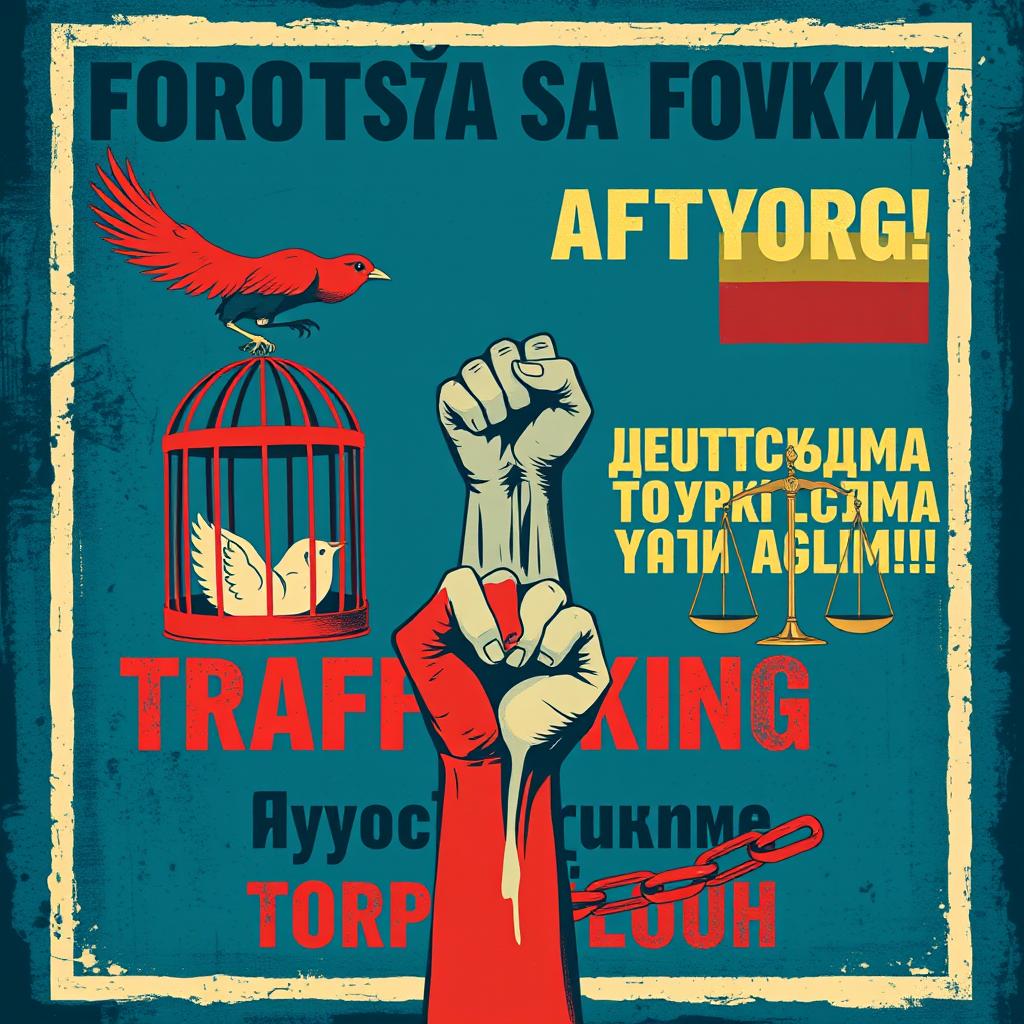 A striking poster illustrating the critical fight against human trafficking, featuring Viktorist symbols of freedom such as an open birdcage and a raised fist