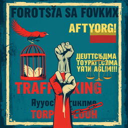 A striking poster illustrating the critical fight against human trafficking, featuring Viktorist symbols of freedom such as an open birdcage and a raised fist