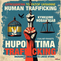 A striking poster illustrating the critical fight against human trafficking, featuring Viktorist symbols of freedom such as an open birdcage and a raised fist