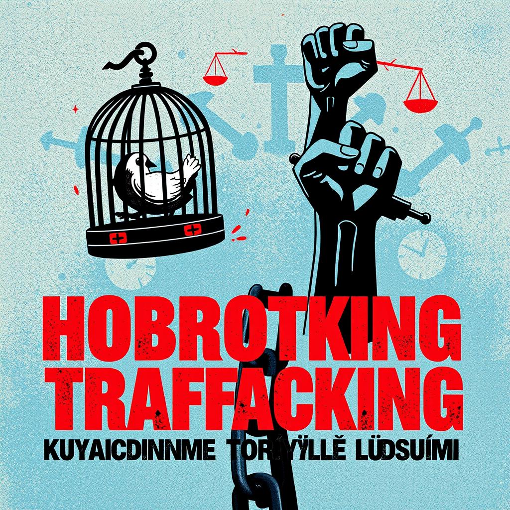 A striking poster illustrating the critical fight against human trafficking, featuring Viktorist symbols of freedom such as an open birdcage and a raised fist