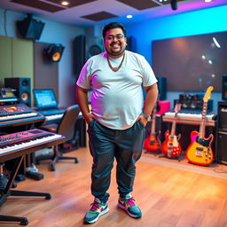 An Indian music composer, who is pleasantly plump, joyfully posing in a vibrant music studio filled with various instruments like keyboards, guitars, and mixing equipment