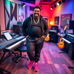 An Indian music composer, who is pleasantly plump, joyfully posing in a vibrant music studio filled with various instruments like keyboards, guitars, and mixing equipment